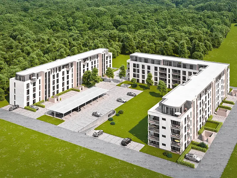 Rochner & Stahl Immobilien GmbH: Mehrfamilienhäuser, 63457 Hanau-Wolfgang, Fließender Sand 4a-c, (Lehrhöfer Park) – Bauabschnitt
