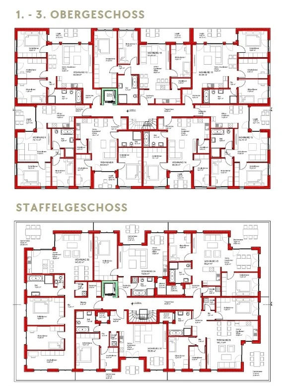 Grundrisse 1. – 3. Obergeschoss und Staffelgeschoss Grundrisse 1. - 3. Obergeschoss und Staffelgeschoss
